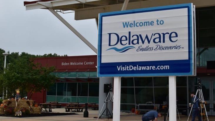 Welcome to Delaware sign at the Biden Welcome Center (VisitDelaware.com)