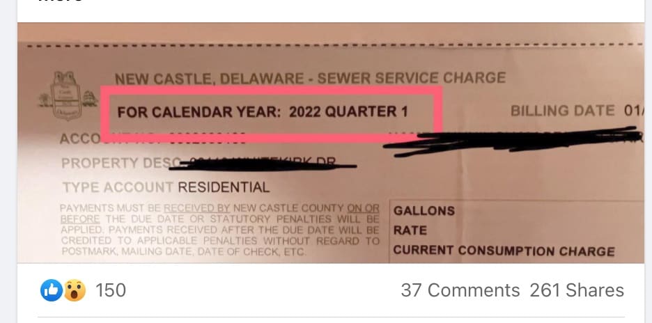 New Castle County's new sewer bill has a typo, the county noted on Facebook.