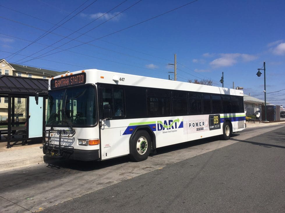 2560px DART First State bus 447 at Newark Transit Hub