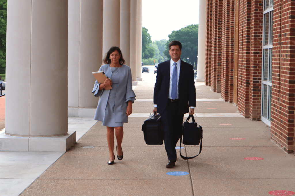 State Auditor Kathleen McGuiness (left) and her attorney, Steve Wood, enter the Kent County Courthouse in Dover on June 24, 2022. (Charlie Megginson/Delaware LIVE)
