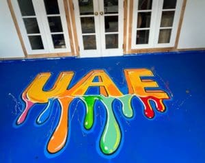 This cheery mural welcomes guests to the stables converted into artist studios