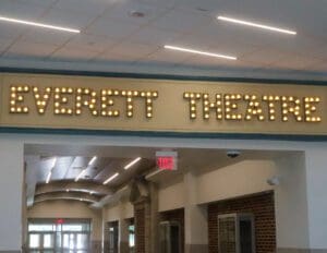 An old-school theatre sign that was gifted to the school welcomes students to the art wing.