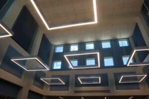 A look up of the Everett Meredith atrium, which is lit by geometric LED lighting.