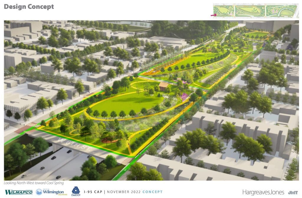 A drone's view of the final draft plan for the I-95 cap park in Wilmington.