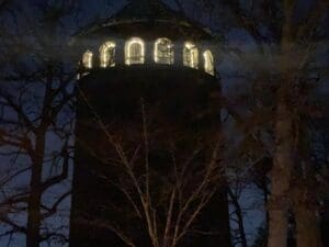Rockwood Tower lit for Christmas