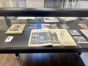A display of timely documents and newspapers.