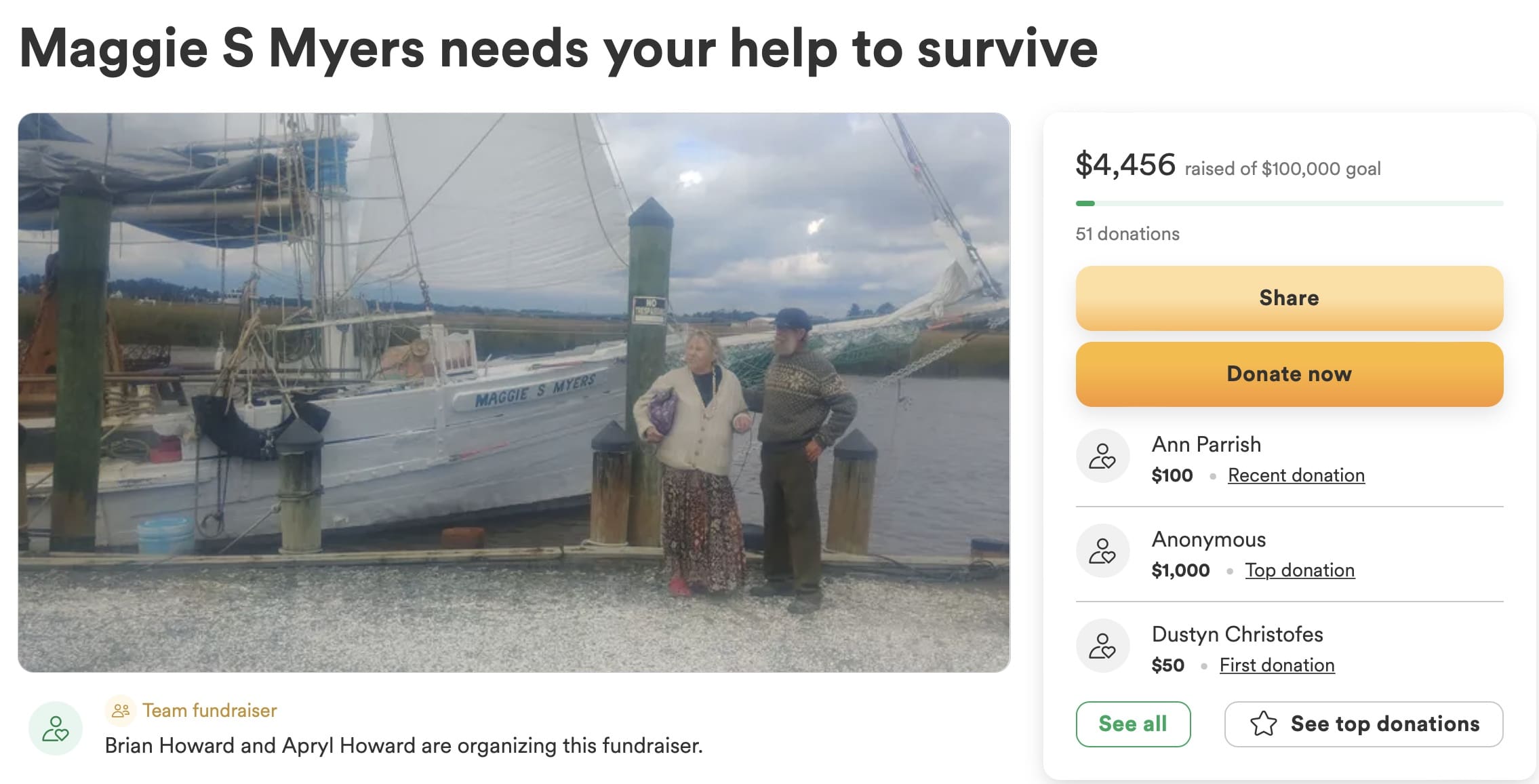 The GoFundMe page for the Maggie S. Myers.
