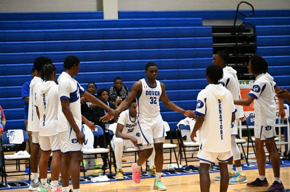 Dover Basketball Jaheim Harrell being introduced before their game against Sussex Central. Harrell scored 23 points in the win photo by Nick Halliday 1