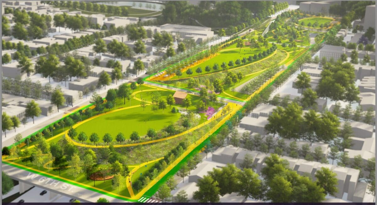 The latest rendering for the I-95 cap park proposed in Wilmington.