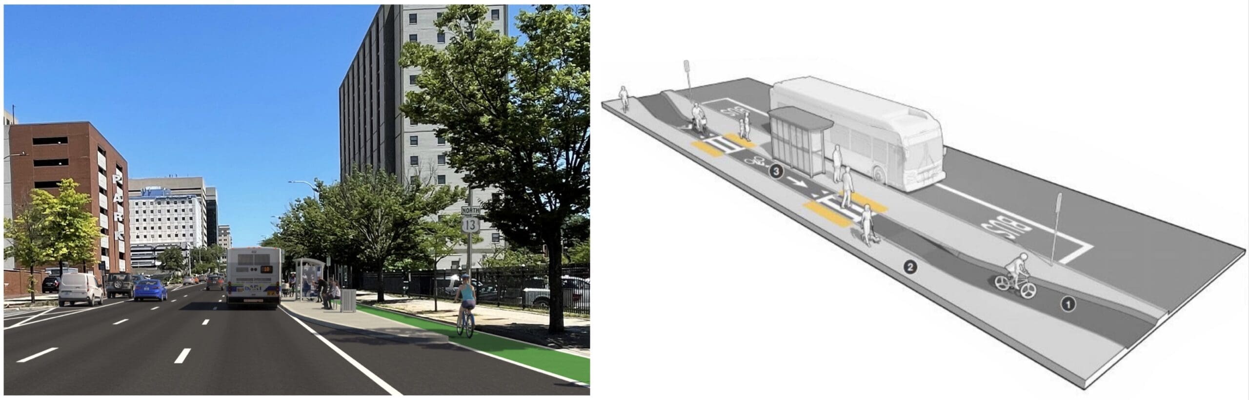 A floating bus stop proposed for Walnut Street in Wilmington is shown from two perspectives.