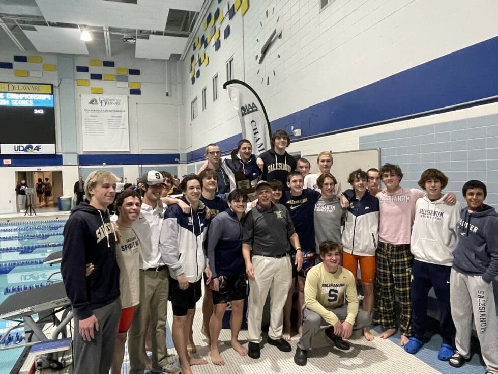 Salesianum swim team poses after winning the boys swimming state championship photo courtesy of DIAA 1