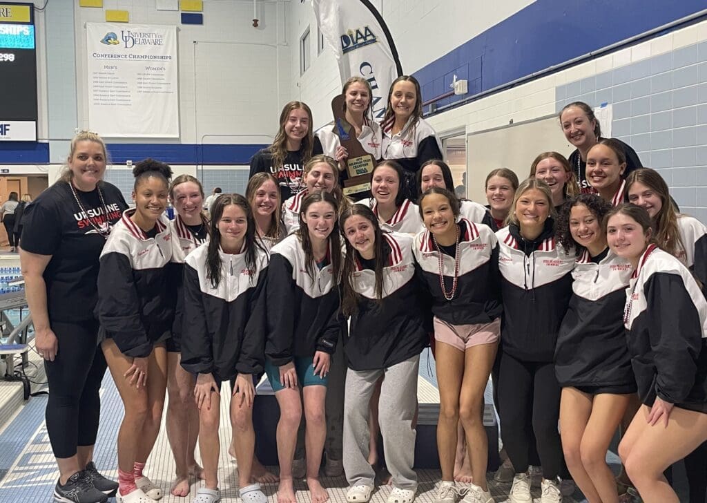 Ursulinie Academy girls swim team poses after winning the girl swimming state championship photo courtesy of DIAA