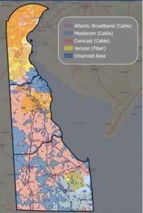 Delaware broadband networks with Blue areas show Delaware's broadband deserts.