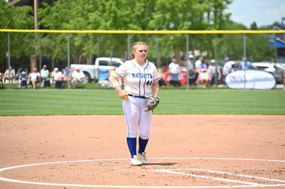 Madge Layfield of Sussex Central softball about to wind up for a pitch photo by Nick Halliday