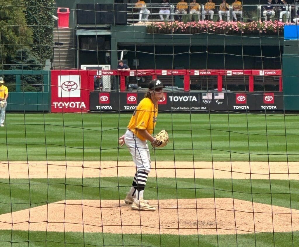 Chase Fleming from Delaare South on the mound at Citizens Bank Park photo courtesy of Melissa Fleming