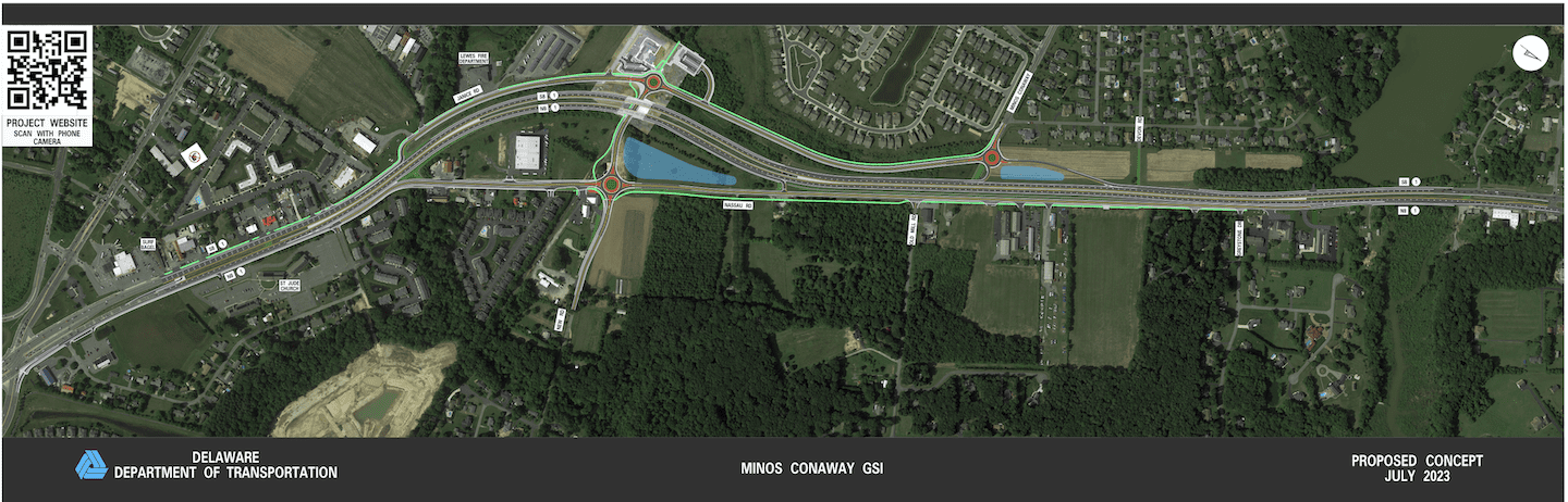 DelDOT plans to rework the Route 1 intersection with nstance, there’s a plan for a bridge at the intersection with Minos Conaway Road. (DelDOT photo)