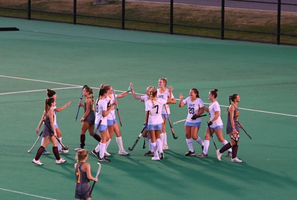 Cape Henlopen field hockey celebrates after scoring a goal against Milford photo courtesy of Nick Halliday