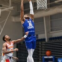 Delaware Blue Coats Ricky Council attempts a dunk against College Park , Photo courtesy of Ben Fulton