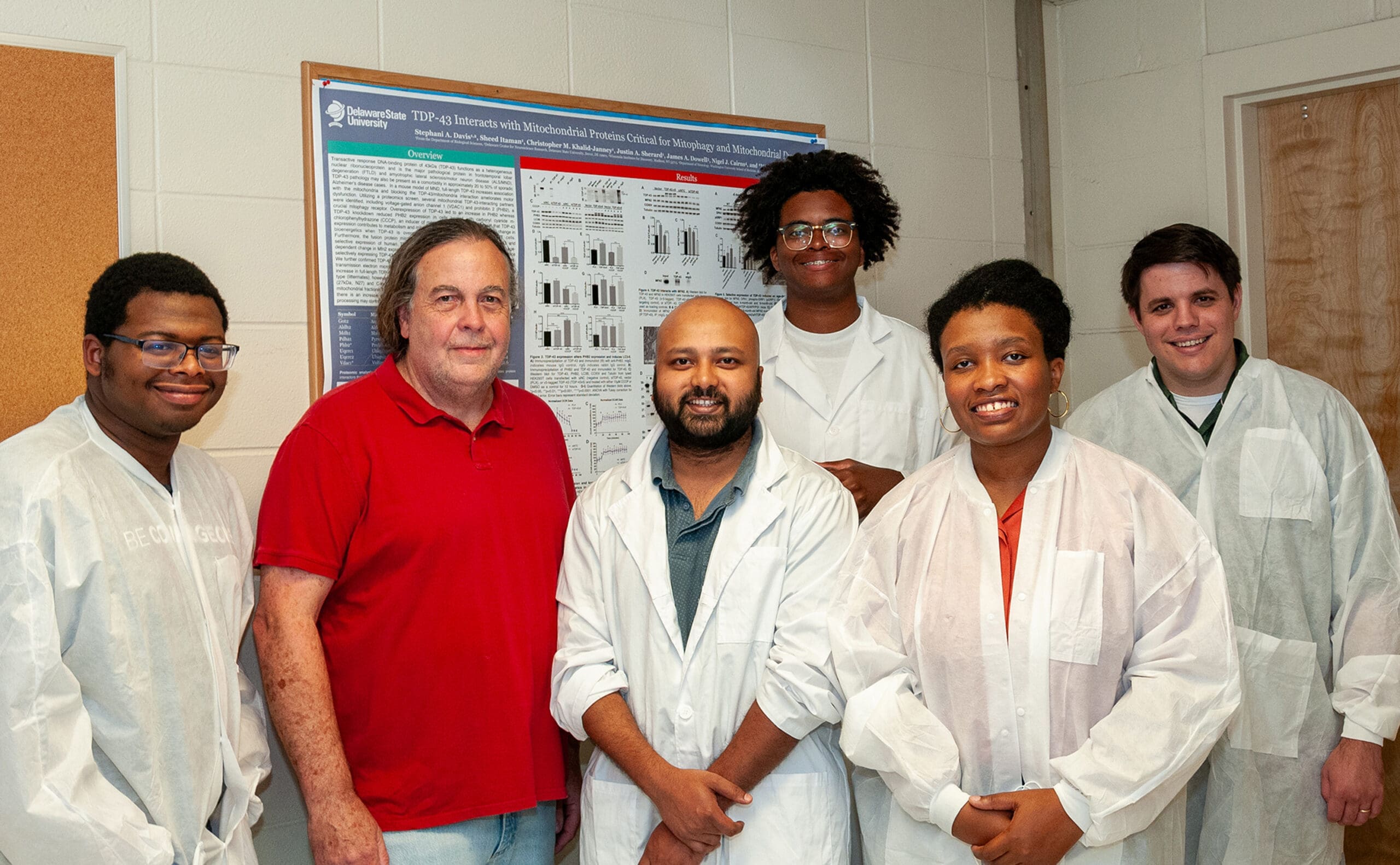 The DSU Alzheimer research team: (l-r) Tyler L. Petersen, Dr. Michael A. Gitcho, Muhammad I. Abeer, Isaiah N. Brooks, Juneessa M. Pressley, and Matthew B. Dopler. 
