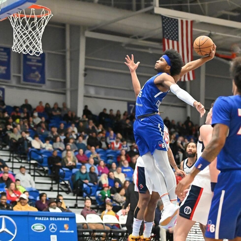 Delaware Blue Coats Ricky Counsil hammers a dunk against Go Go photo courtesy of Ben Fulton