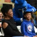Delaware Blue Coats mascot acts like hes cutting a fans hair photo courtesy of Ben Fulton