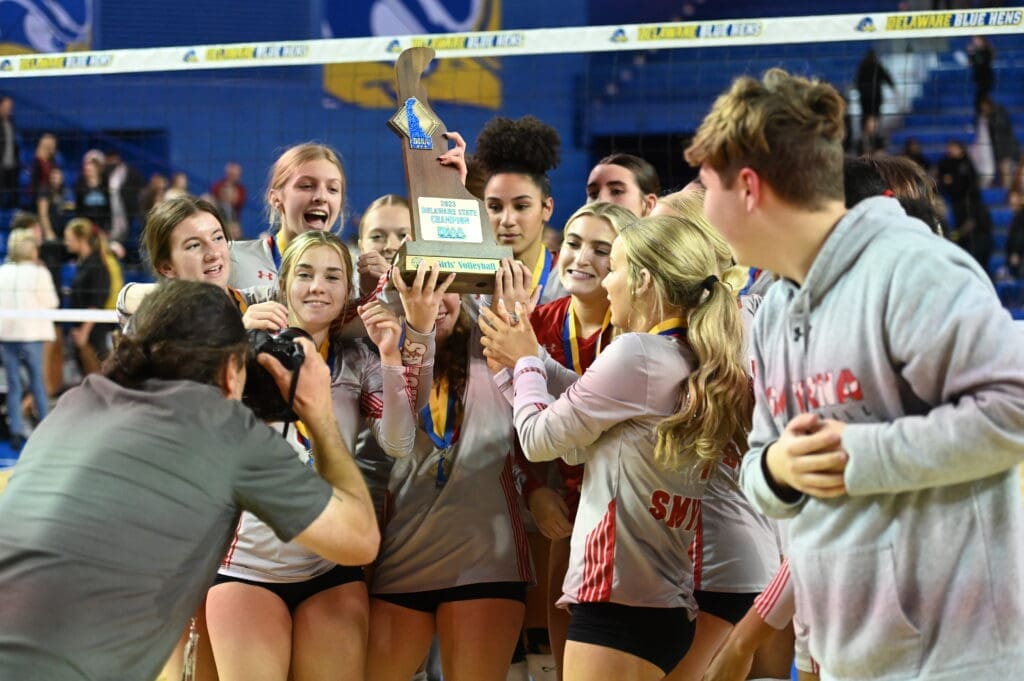 Smyrna Volleyball Team hoist the State Championship trophy Photo courtesy of Ben Fulton