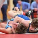 Chase Murray of Sussex Central top holds Tripp Gannon of Cape Henlopen to his back for nearfall points during the DIAA Division I dual meet state championship photo courtesy of Ben Fulton