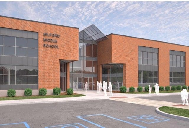 Rendering of the entryway to the new Milford middle school.