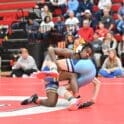 Malachi Stratton of Sussex Central finishes an early takedown on Cael Baker of Cape Henlopen during the DIAA Division I dual meet state championship. photo courtesy of Ben Fulton