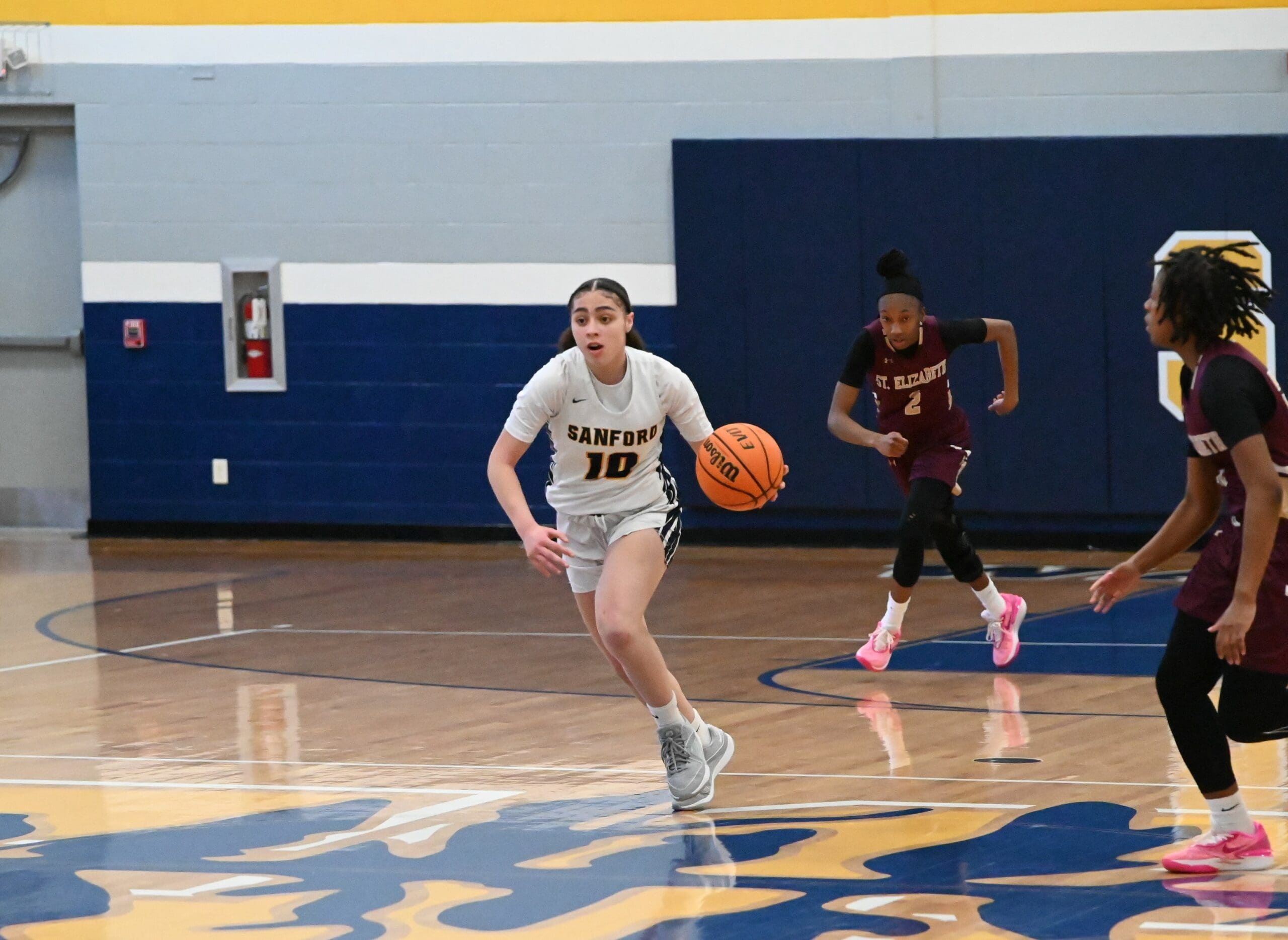 Sanford girls basketball Adrianna Rogers dribbles the ball up against St Elizabeths photo courtesy of Nick Halliday scaled