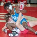 Sussex Centrals Malachi Stratton top looks to put Smyrnas Ian Alfree in danger during their 120 pound match Wednesday night. Stratton won with a pin in 513 photo courtesy of Gene Shaner