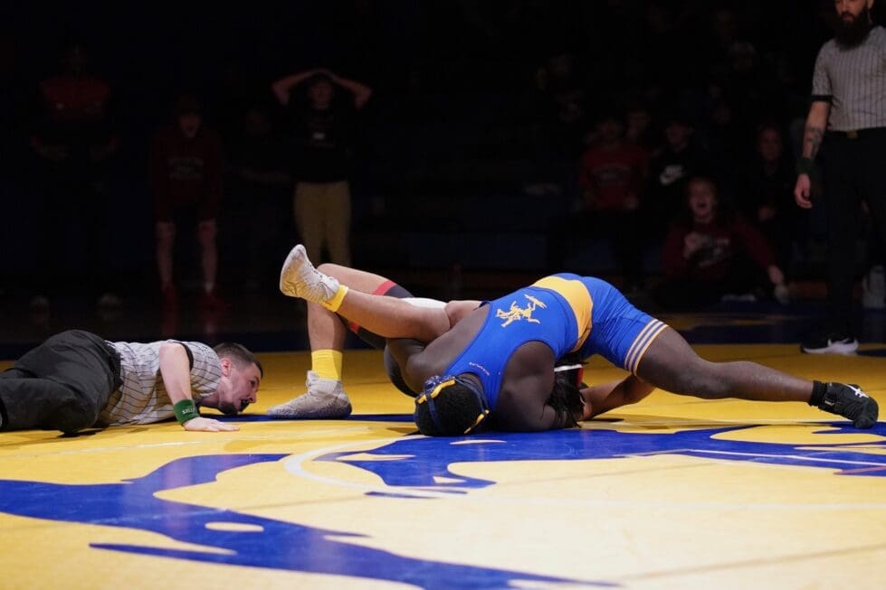 Walter Toomer of Caesar Rodney gets a pin in his 215 pound match in 430. The pin gave the Riders a dramatic 33 31 win photo courtesy of Eric Donato
