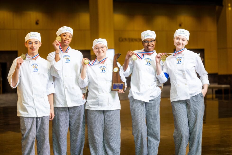 Caesar Rodney culinary team. From left to right: Melia Stamper, Shannon Powell, Ralph Figueroa, Carys Raber, Zoe Rowe, Grey Bendel.