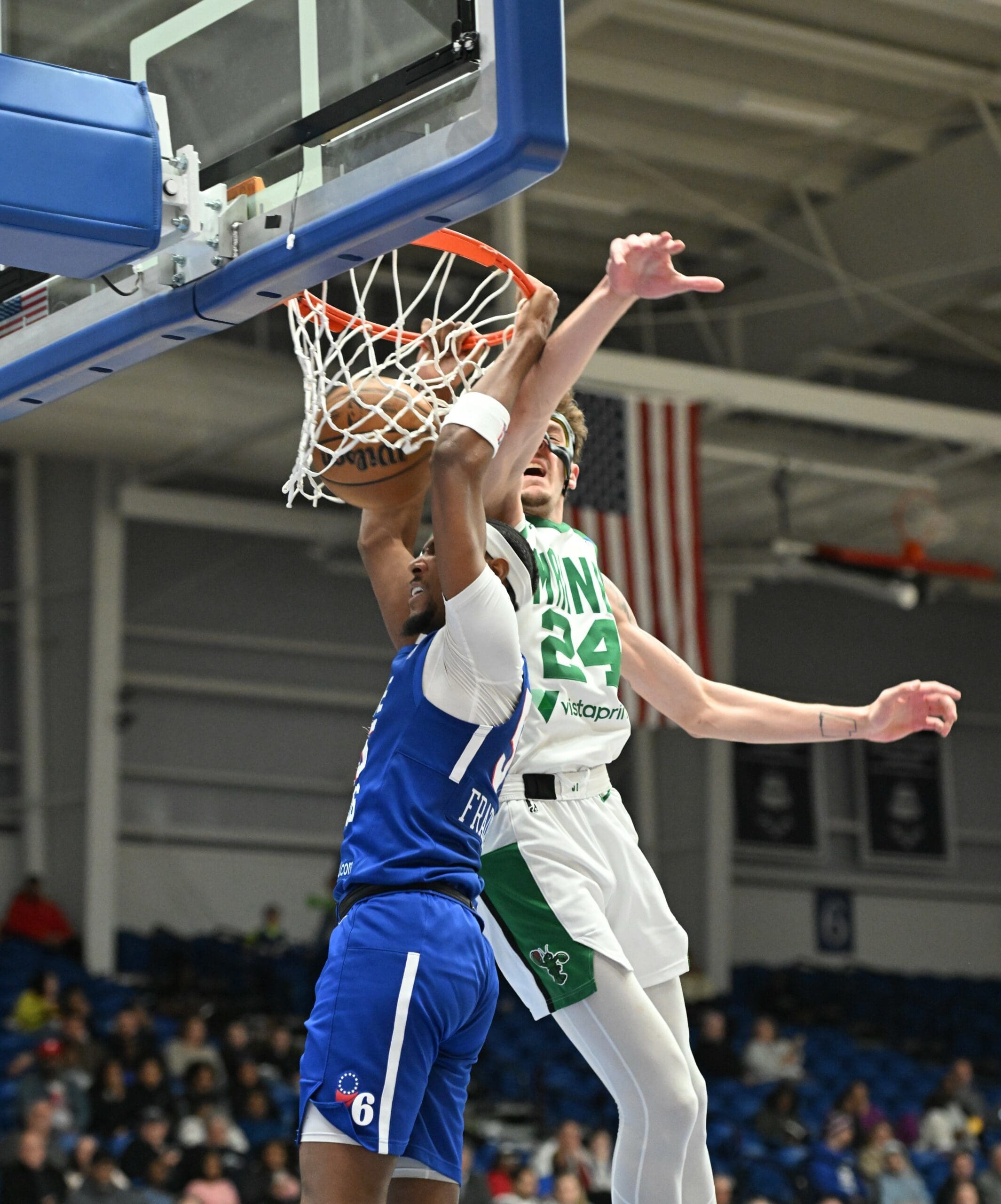 Delaware Blue Coats Melvin Frazier dunks the basketball against the Maine Celtics photo courtesy of Ben Fulton scaled
