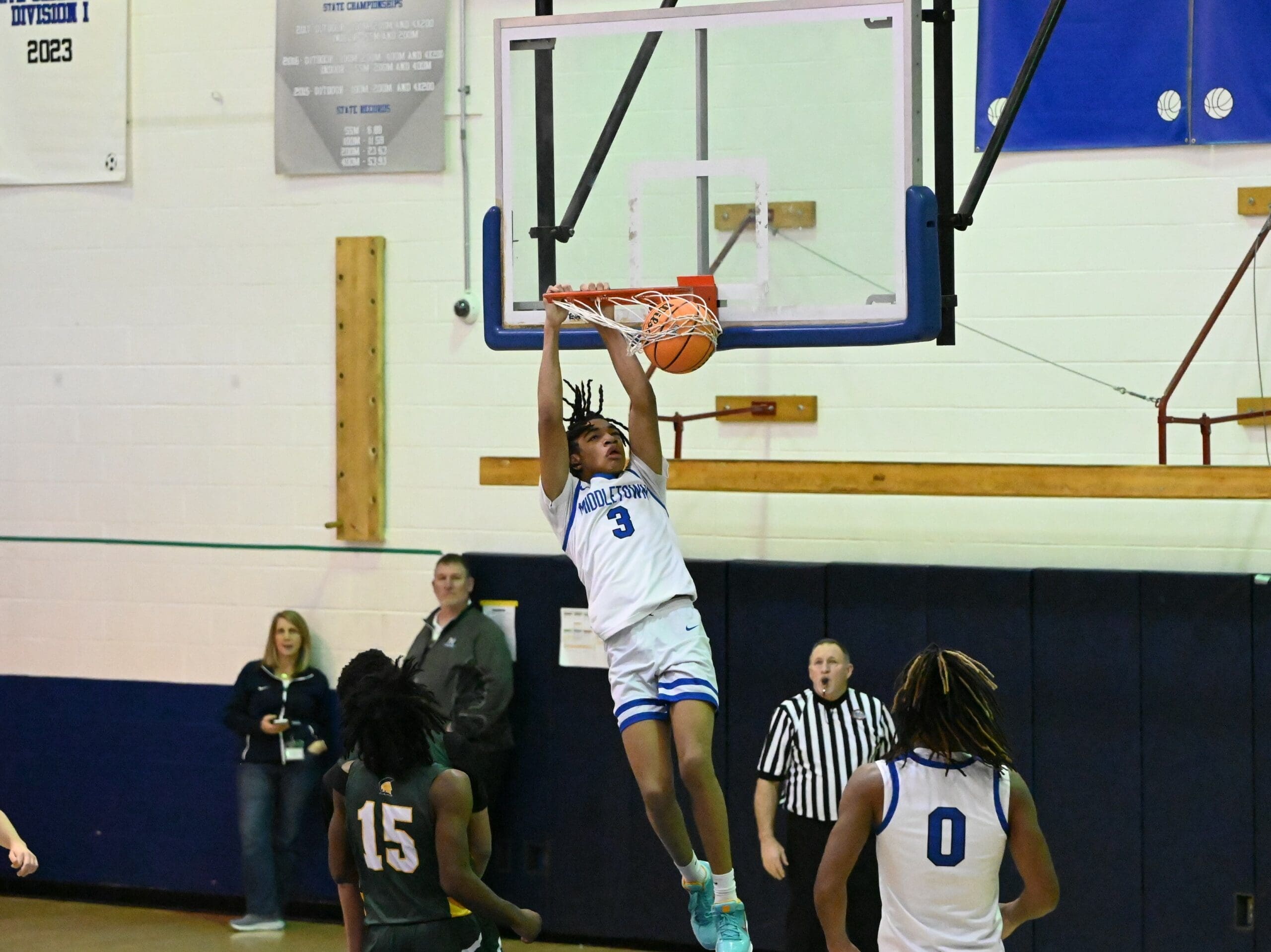 Middletown basketball Azjuan Matthews slams the ball in their win over Saint Marks photo courtesy of Nick Halliday scaled