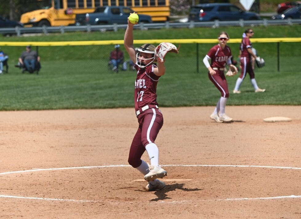 Caravel Softball Kasey Xenidis throws a pitch during a game. Photo by Nick Halliday