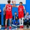 Delaware Blue Coats Jaron Cumberland claps hands with teammate Jeff Dowtin Jr during the game against OKC photo courtesy of Delaware Blue Coats