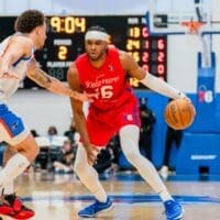 Delaware Blue Coats Ricky Council IV dribbles during the game against OKC, photo courtesy of Delaware Blue Coats