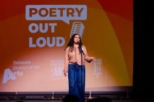 Maiss Hussein performing at this year's Poetry Out Loud contest.