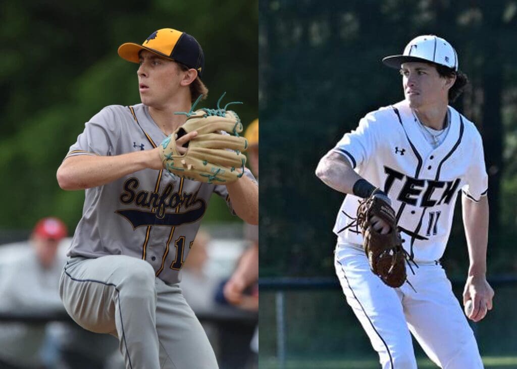 Sanford baseball Brady Fox left and Sussex Tech Jeremy Vest were voted co player of the year by the DBCA. Photos courtesy of Sanford Baseball and Dan Cook of the Gazette