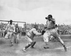 A 1950 Delaware State College baseball action shot.