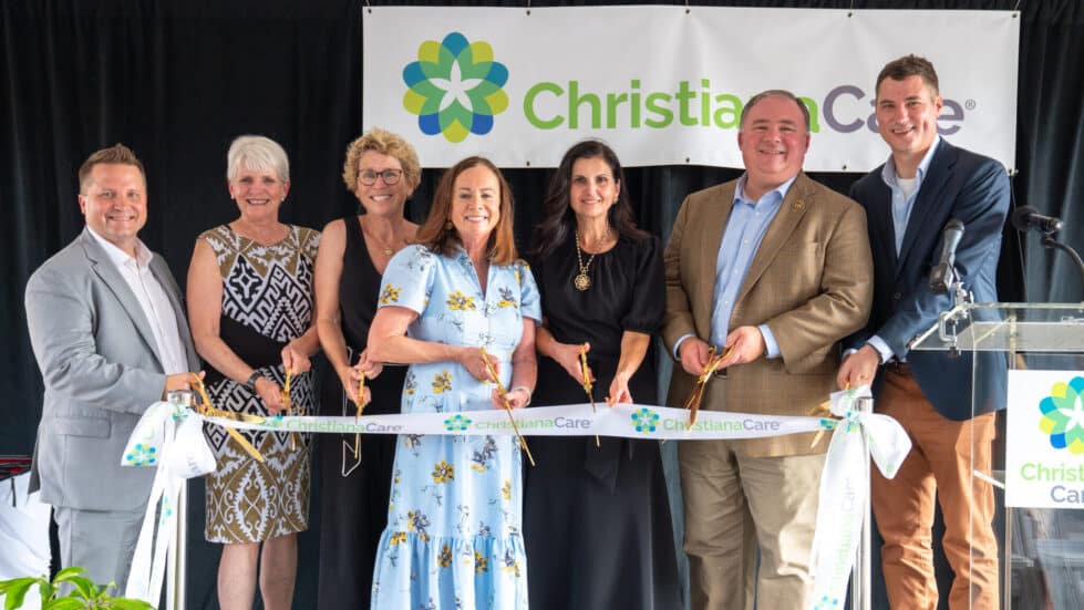 Officials cut the ribbon at ChristianaCare Hospital, West Grove. ( L to R) David Maxwell, Emurs Holdings LLC, Pennsylvania Sen. Carolyn Comitta, U.S. Rep. Chrissy Houlahan, 6th Congressional District, Dr. Nevin, Pauline, Rep. John Lawrence, Chester County Commissioner Josh Maxwell. (Photo courtesy ChristianaCare)