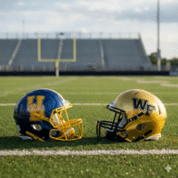AI generated image of the University of Delaware football helmet facing off with a Wake Forest football helmet.