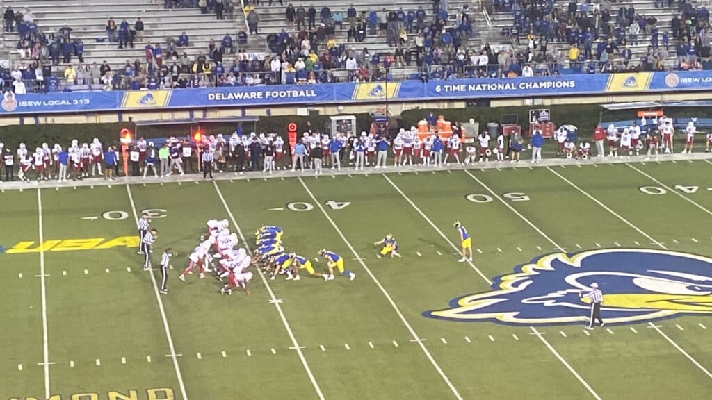 Fightin' Blue Hens' kicker Nate Reed lines up for his game winning field goal. Photo Credit: Ryan Colasanti