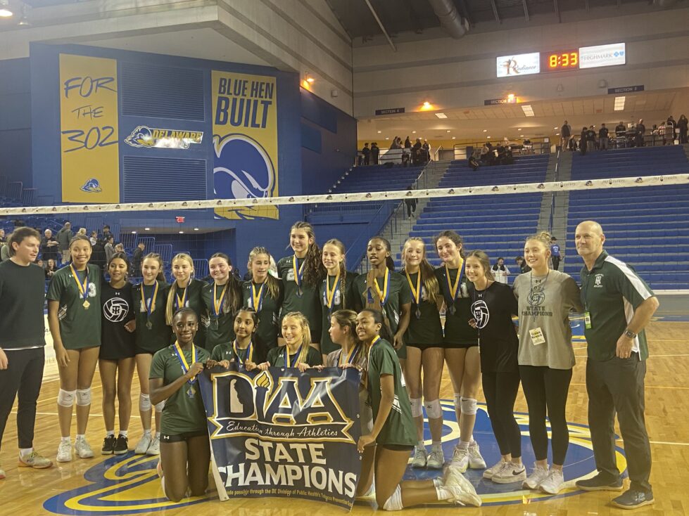 The Tower Hill girls volleyball team taking a celebratory photo as 2025 State Champions. Photo Credit: Ryan Colasanti