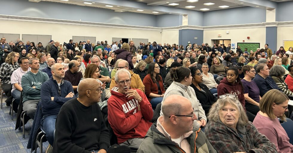 Packed Multipurpose Room at Mt. Pleasant Elementary for BSD Redistricting Workshop