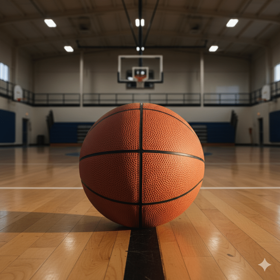 AI generated image of a basketball on a court.