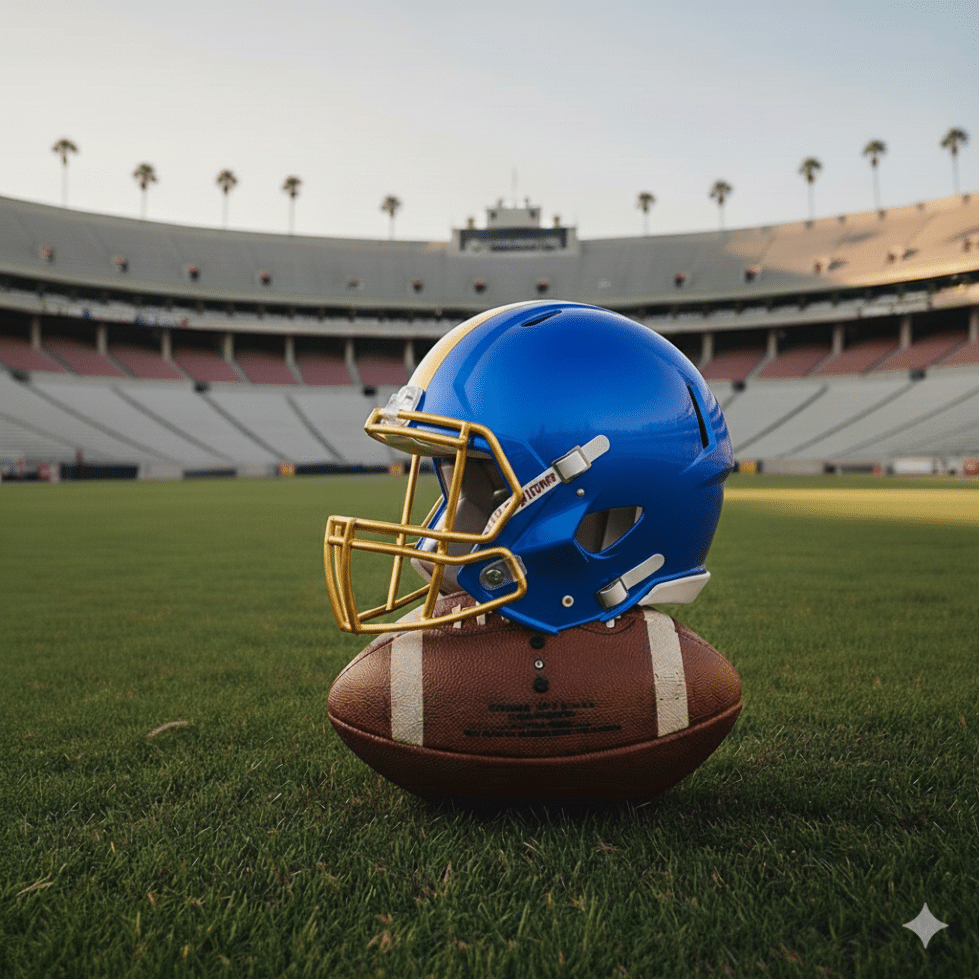This is an AI generated photo resembling the University of Delaware Helmet ontop a football.