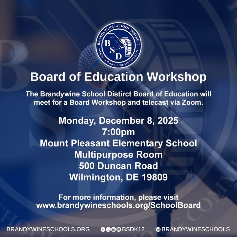 Brandywine Board of Education Meeting notice for Workshop on Dec. 8th